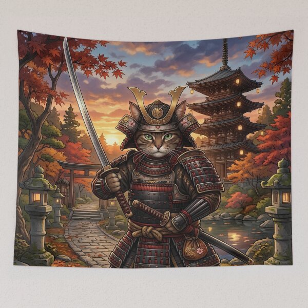 Item preview, Samurai warrior cat in a Japanese garden with pagoda designed and sold by VibranPalette.