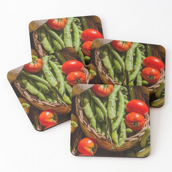 Item preview, Fresh Red Tomatoes And Green Broad Beans In Wicker Baskets At Farmers Market Stall designed and sold by Nmallia.