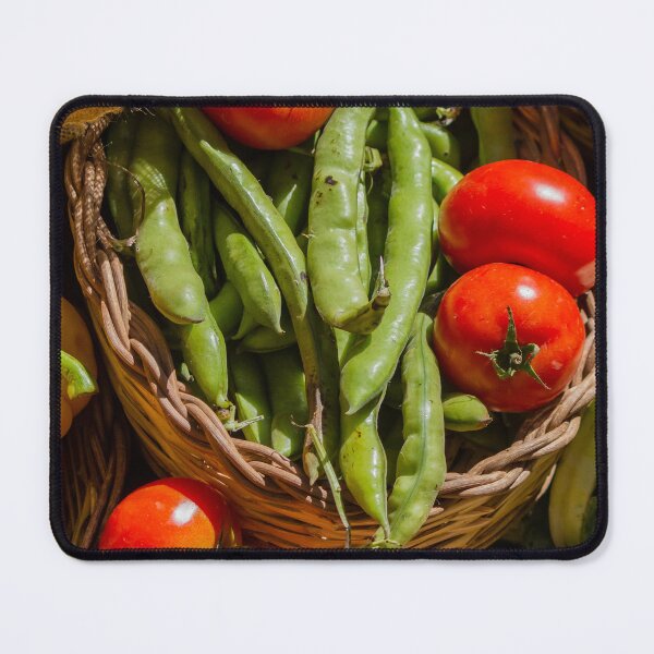 Item preview, Fresh Red Tomatoes And Green Broad Beans In Wicker Baskets At Farmers Market Stall designed and sold by Nmallia.