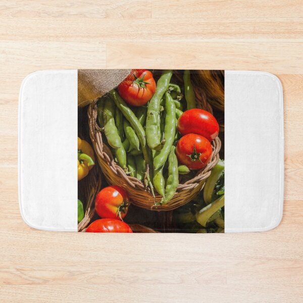 Item preview, Fresh Red Tomatoes And Green Broad Beans In Wicker Baskets At Farmers Market Stall designed and sold by Nmallia.