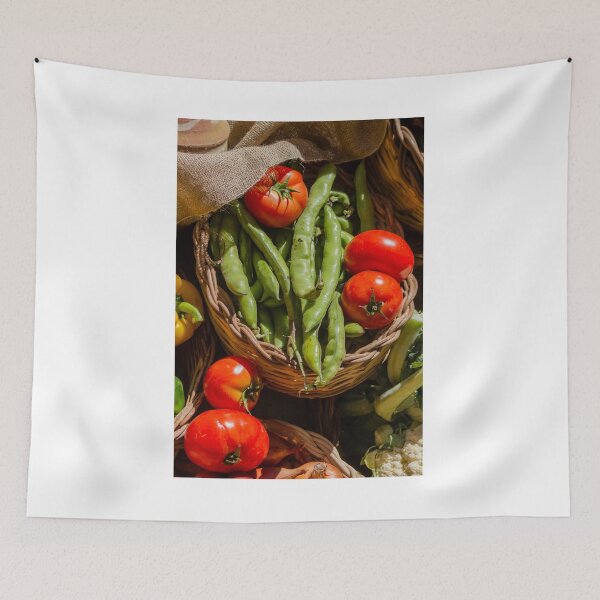 Item preview, Fresh Red Tomatoes And Green Broad Beans In Wicker Baskets At Farmers Market Stall designed and sold by Nmallia.