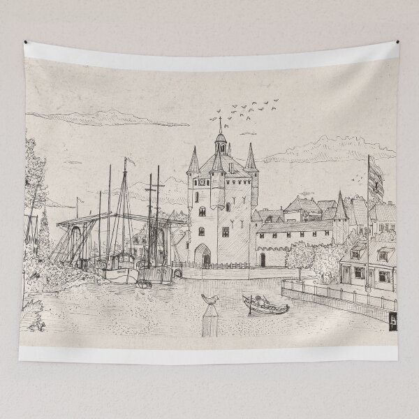 Item preview, Zierikzee Harbor Dutch Cityscape - Zeeland Netherlands - Pen Ink Illustration designed and sold by Wall-Art-Sketch.