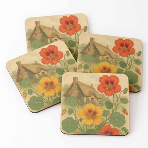 Item preview, Vintage Botanical Nasturtium Illustration with English Cottage designed and sold by Sybille-Yates.