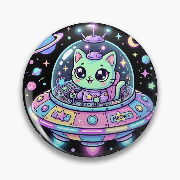 Artikelvorschau, Kawaii-Alienkatze im UFO-Raumschiff – Pastellfarbene Neon-Weltraumkunst entworfen und verkauft von AuraDraftStudio.