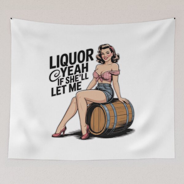 Item preview, Pin‑Up Liquor Yeah If She'll Let Me Retro Party Design T-Shirt designed and sold by MerchlyMike.