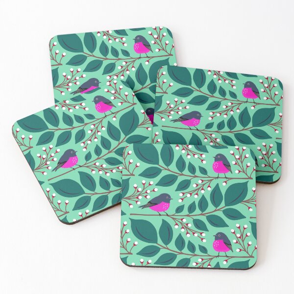 Item preview, Pink robin bird on a branch in turquoise and green designed and sold by Jennifer Ladd.