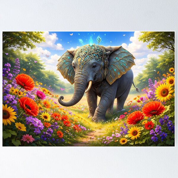 Item preview, Elephant in Vibrant Flower Field designed and sold by cuprum.