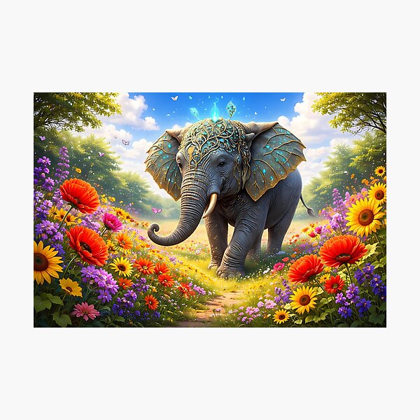 Item preview, Elephant in Vibrant Flower Field designed and sold by cuprum.