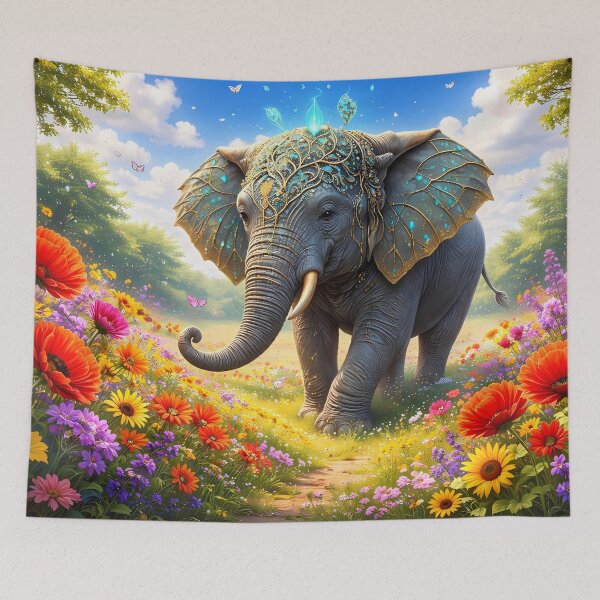Item preview, Elefante en un vibrante campo de flores designed and sold by cuprum.