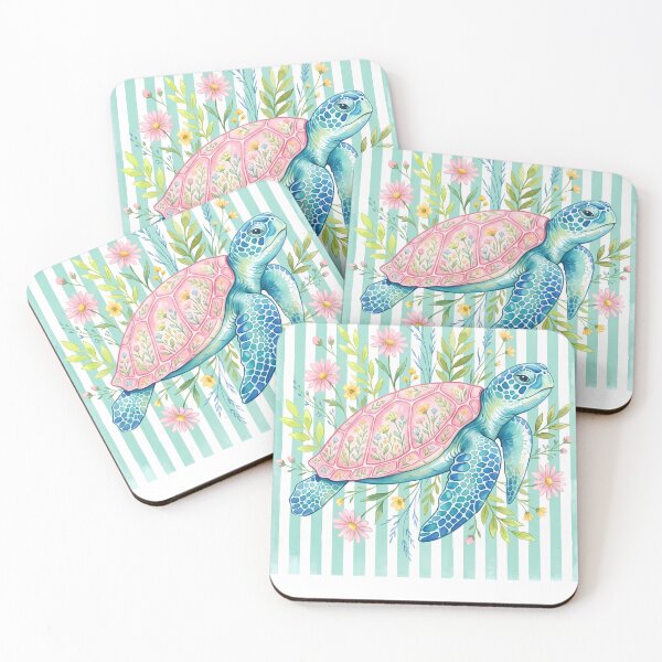 Item preview, Floral Sea Turtle Watercolor Botanical Stripes designed and sold by AURA-APPAEL.