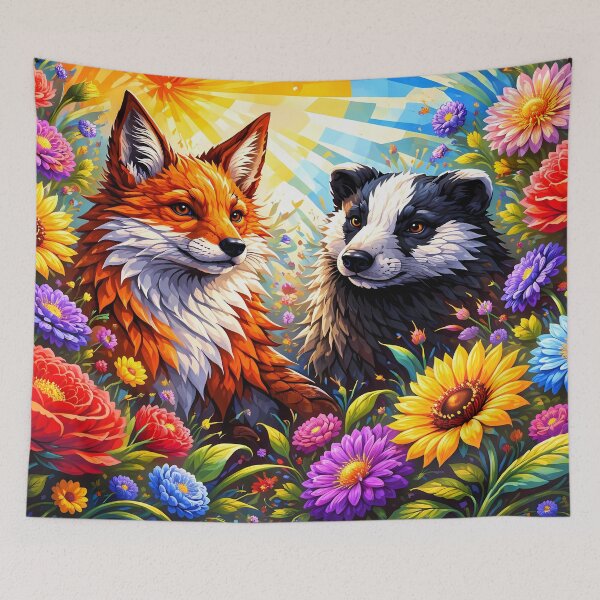 Item preview, Vibrant Fox and Badger Among Flowers designed and sold by cuprum.