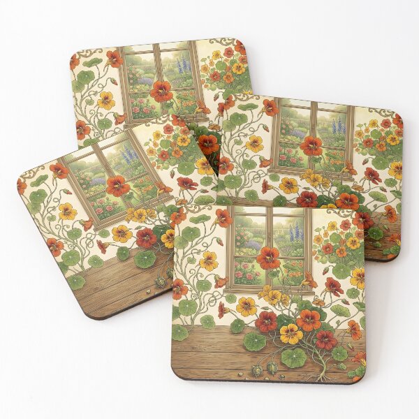 Item preview, Vintage Botanical Nasturtium Illustration with Garden Window View designed and sold by Sybille-Yates.
