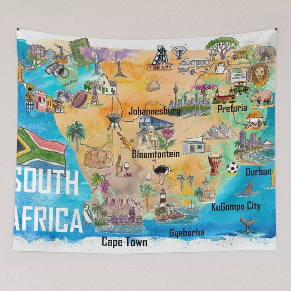 Item preview, South Africa Illustrated Map – Safari Travel Memory Print, Cape Town Wall Art, Africa Gift designed and sold by artshop77.