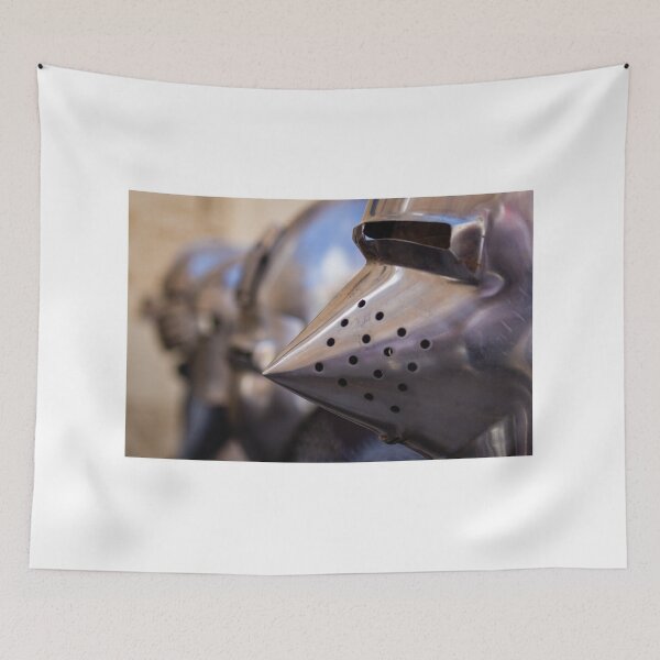 Item preview, Close-Up of Medieval Knight Helmet and Armor Showing Metal Visor and Perforated Beak designed and sold by Nmallia.