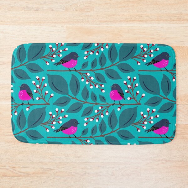 Item preview, Pink robin bird on a branch in aqua blue designed and sold by Jennifer Ladd.