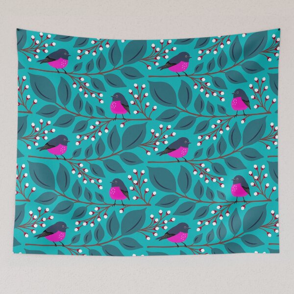 Item preview, Pink robin bird on a branch in aqua blue designed and sold by Jennifer Ladd.