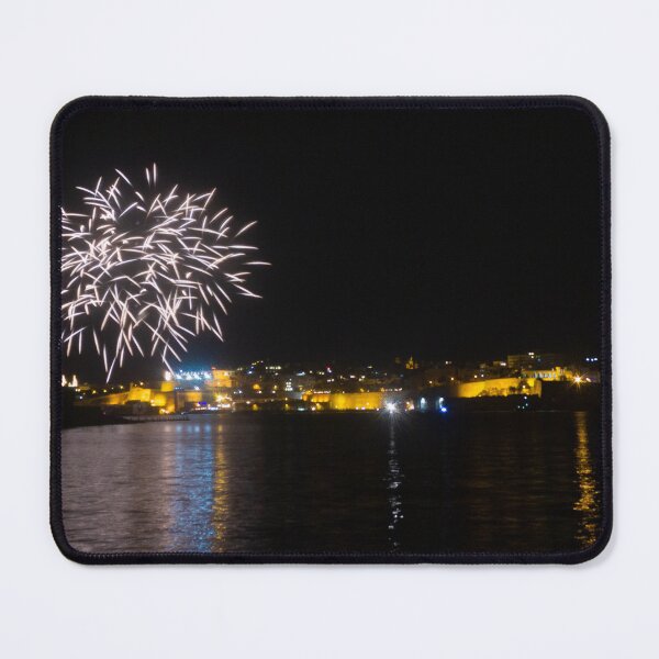 Item preview, Fireworks Over Coastal City At Night With Reflections On Calm Harbor Water And Illuminated Skyline designed and sold by Nmallia.
