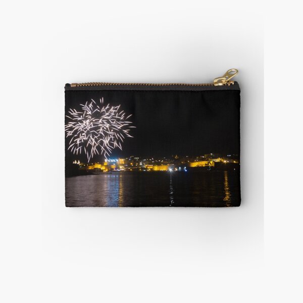 Item preview, Fireworks Over Coastal City At Night With Reflections On Calm Harbor Water And Illuminated Skyline designed and sold by Nmallia.