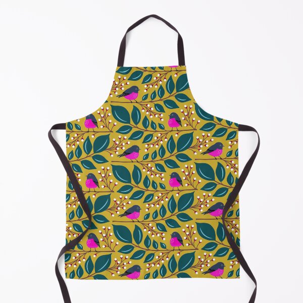 Item preview, Pink robin bird on a branch in mustard yellow and blue designed and sold by Jennifer Ladd.