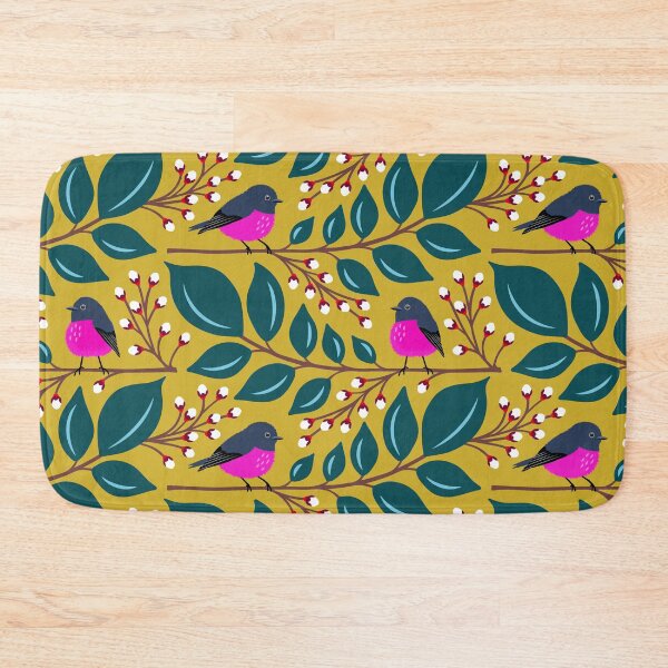 Item preview, Pink robin bird on a branch in mustard yellow and blue designed and sold by Jennifer Ladd.