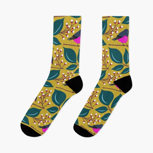 Item preview, Pink robin bird on a branch in mustard yellow and blue designed and sold by Jennifer Ladd.