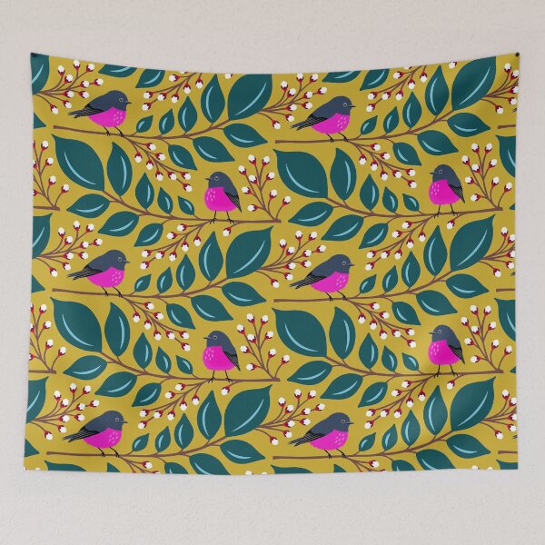 Item preview, Pink robin bird on a branch in mustard yellow and blue designed and sold by Jennifer Ladd.