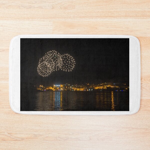 Item preview, Night Fireworks Over Coastal City With Golden Lights And Water Reflection During Celebration designed and sold by Nmallia.