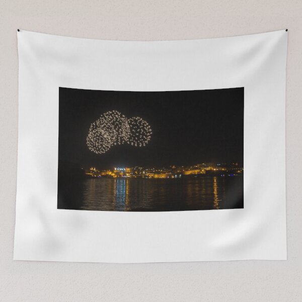 Item preview, Night Fireworks Over Coastal City With Golden Lights And Water Reflection During Celebration designed and sold by Nmallia.