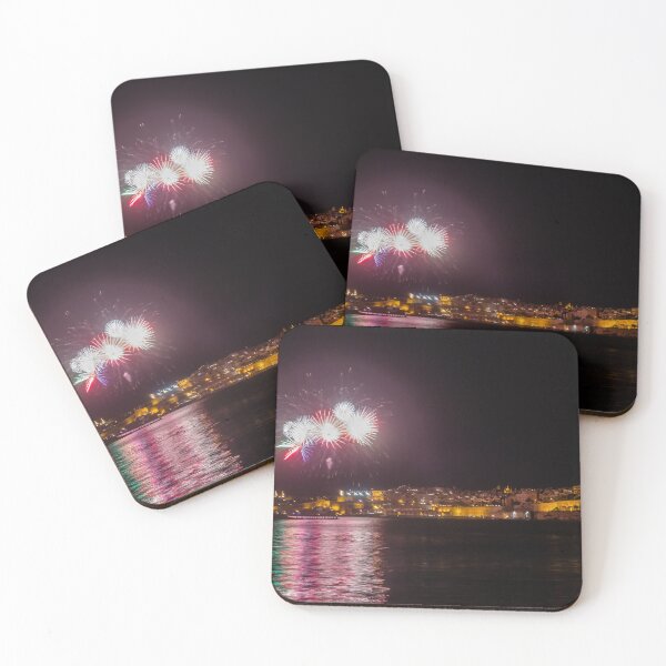 Item preview, Night Fireworks Over Coastal City With Golden Lights And Water Reflection During Celebration designed and sold by Nmallia.