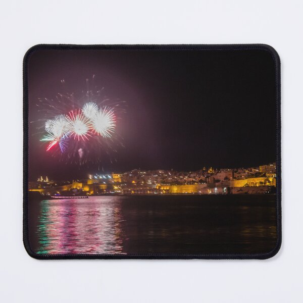 Item preview, Night Fireworks Over Coastal City With Golden Lights And Water Reflection During Celebration designed and sold by Nmallia.