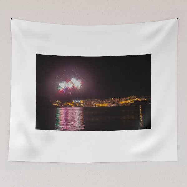Item preview, Night Fireworks Over Coastal City With Golden Lights And Water Reflection During Celebration designed and sold by Nmallia.