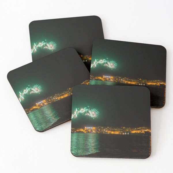Item preview, Night Fireworks Over Coastal City With Golden Lights And Water Reflection During Celebration designed and sold by Nmallia.