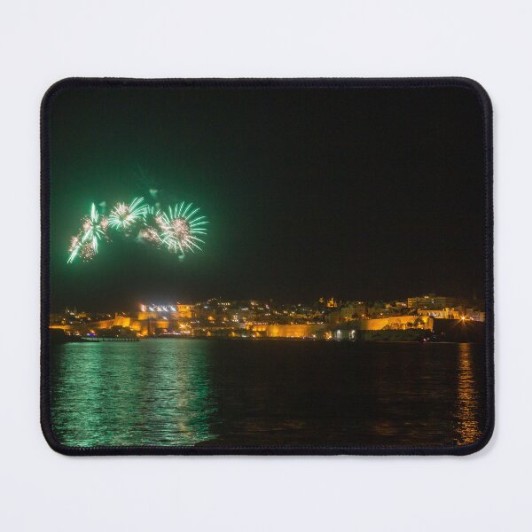 Item preview, Night Fireworks Over Coastal City With Golden Lights And Water Reflection During Celebration designed and sold by Nmallia.