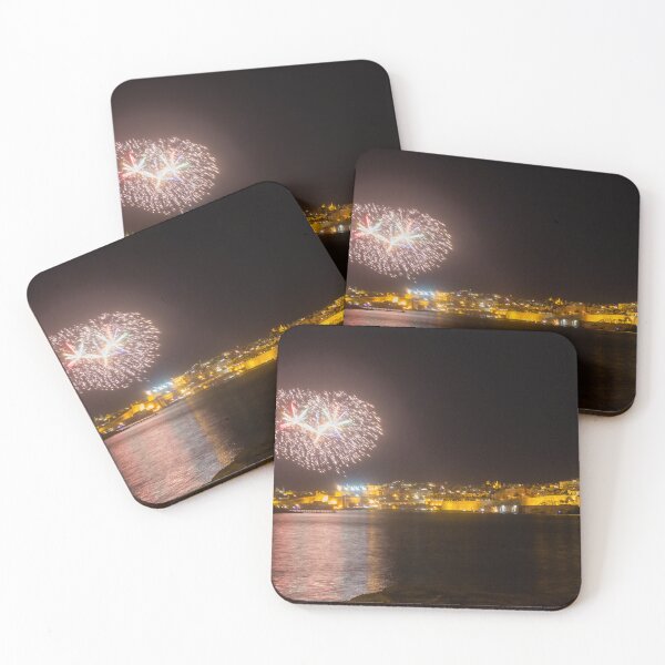 Item preview, Night Fireworks Over Coastal City With Golden Lights And Water Reflection During Celebration designed and sold by Nmallia.