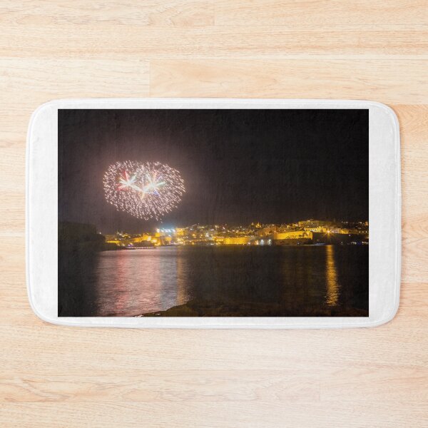 Item preview, Night Fireworks Over Coastal City With Golden Lights And Water Reflection During Celebration designed and sold by Nmallia.