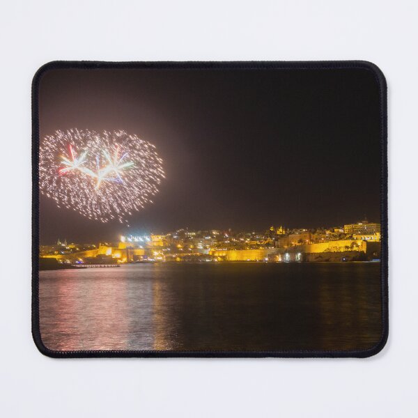 Item preview, Night Fireworks Over Coastal City With Golden Lights And Water Reflection During Celebration designed and sold by Nmallia.