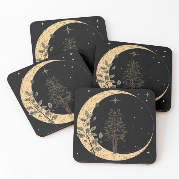 Item preview, Mystical Pine Tree Celestial Crescent Moon Art designed and sold by MoonAndMossStudio.