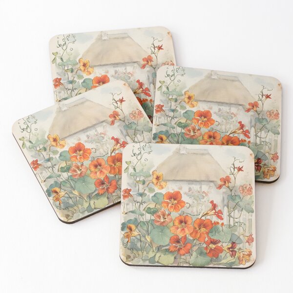 Item preview, Vintage Watercolor Nasturtiums and Thatched Cottage Garden designed and sold by Sybille-Yates.