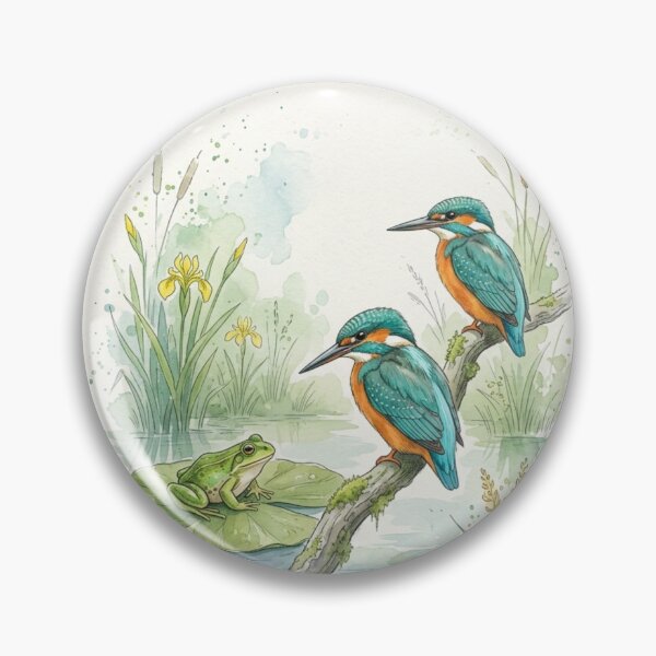 Item preview, Cute Green Frog on Leaf and Kingfish near a pond designed and sold by TB-73.