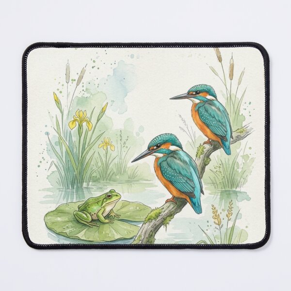 Item preview, Cute Green Frog on Leaf and Kingfish near a pond designed and sold by TB-73.