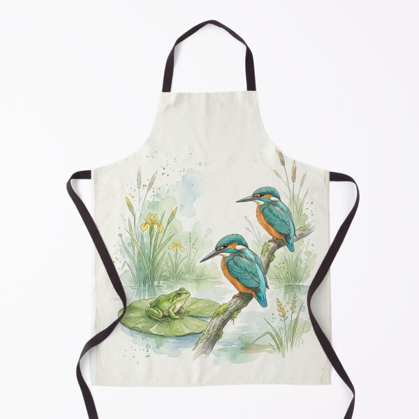 Item preview, Cute Green Frog on Leaf and Kingfish near a pond designed and sold by TB-73.