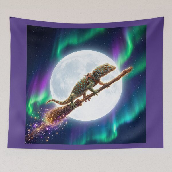 Item preview, Witchy Gecko Rides Her Broom Under Full Moon designed and sold by Tridentulus.
