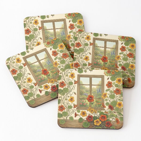 Item preview, Vintage Botanical Nasturtium Illustration with Garden Window View designed and sold by Sybille-Yates.