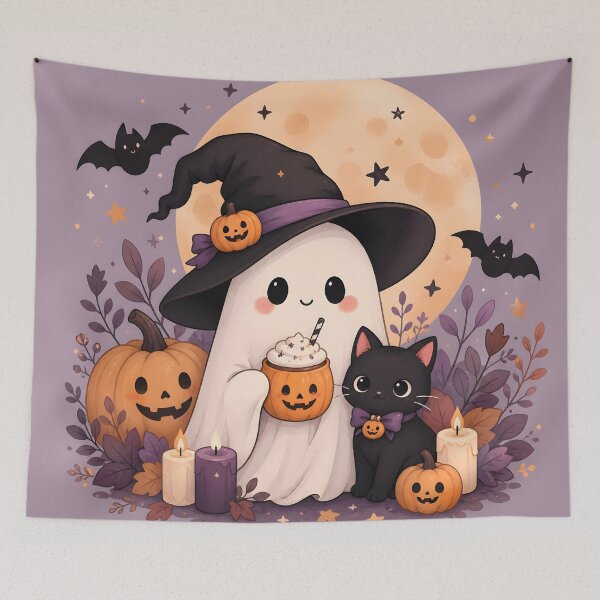 Item preview, Halloween 2 - Kawaii Ghost Witch and Black Kitten Halloween designed and sold by NikaNavi.
