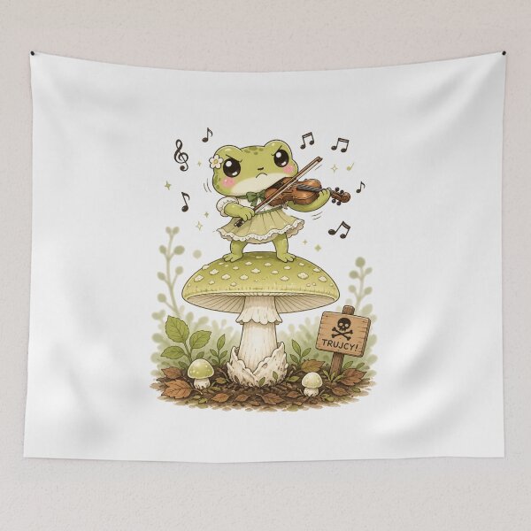 Item preview, Kawaii Frog Violinist on a Mushroom - Cute Whimsical Forest Art designed and sold by MarekoraStudio.