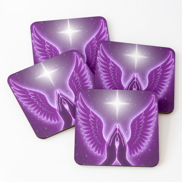 Item preview, Praying Hands Purple Angel Wings Glowing Celestial Star Religious Art Print designed and sold by CoolByEli.