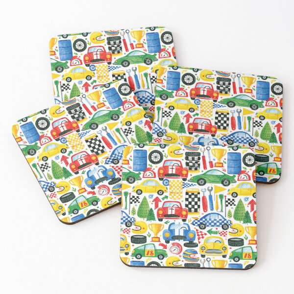 Item preview, Blue and Yellow Race Cars Grid Nursery Pattern designed and sold by Piotrek0001.