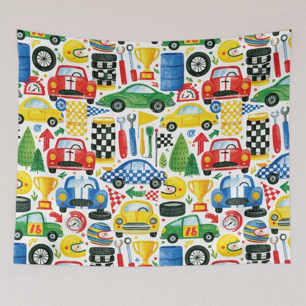 Item preview, Blue and Yellow Race Cars Grid Nursery Pattern designed and sold by Piotrek0001.