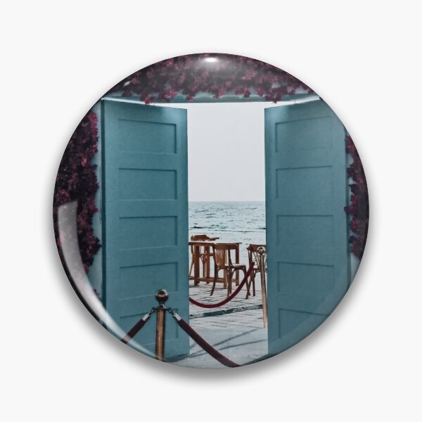 Item preview, beachside entrance featuring a set of light blue double doors framed designed and sold by StickerRaven.