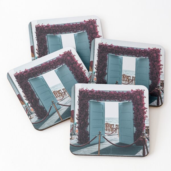 Item preview, beachside entrance featuring a set of light blue double doors framed designed and sold by StickerRaven.